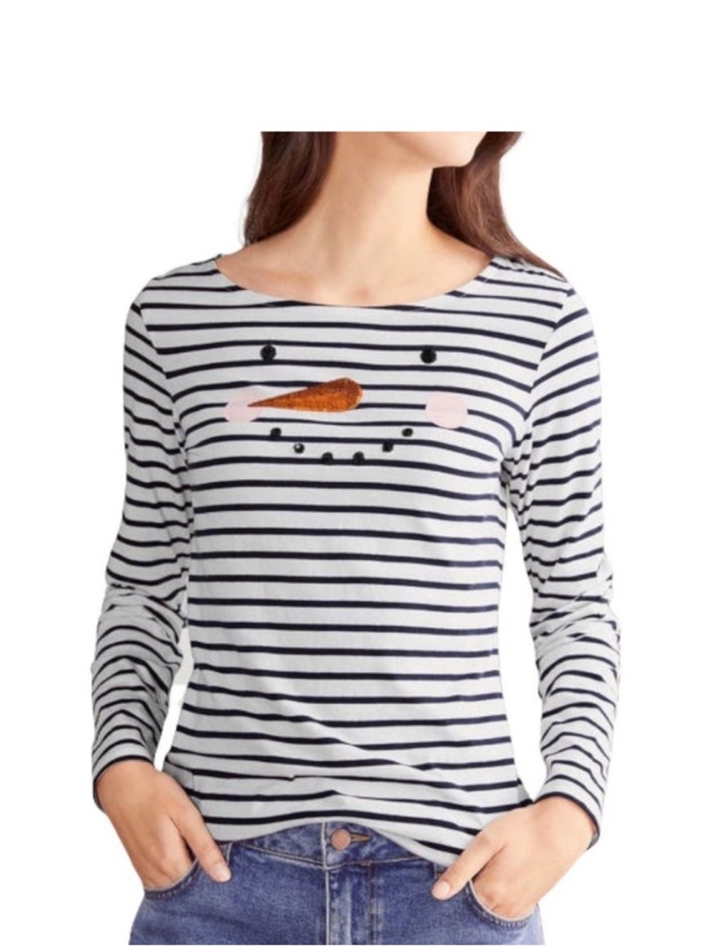 Boden Breton Striped Snowman Face Long-Sleeve Shirt - White/Navy size 6